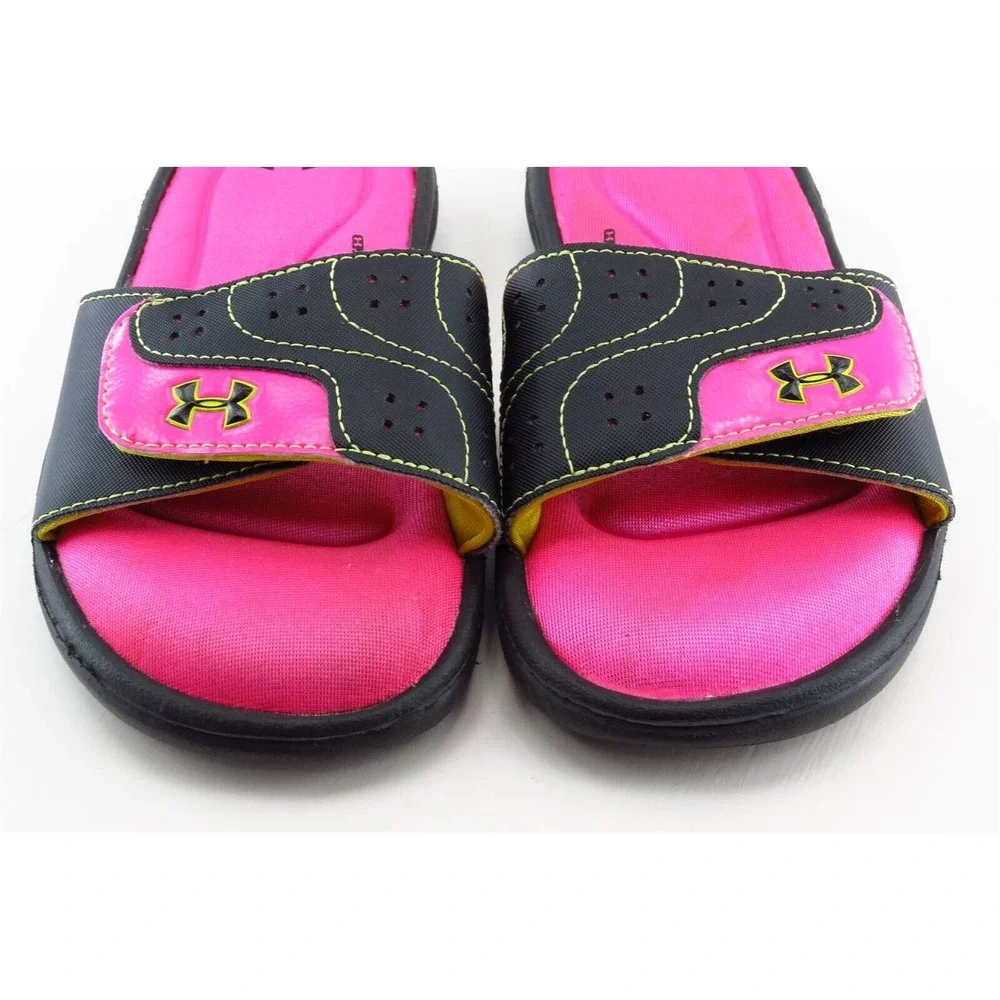Under Armour Girls' Slides Size 2 Black Synthetic Adjustable‎ Comfort Sandals